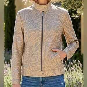 Chico's Tan Metallic Gold Zebra Animal Print Moto Full Zip Mock Neck Jacket 1/M